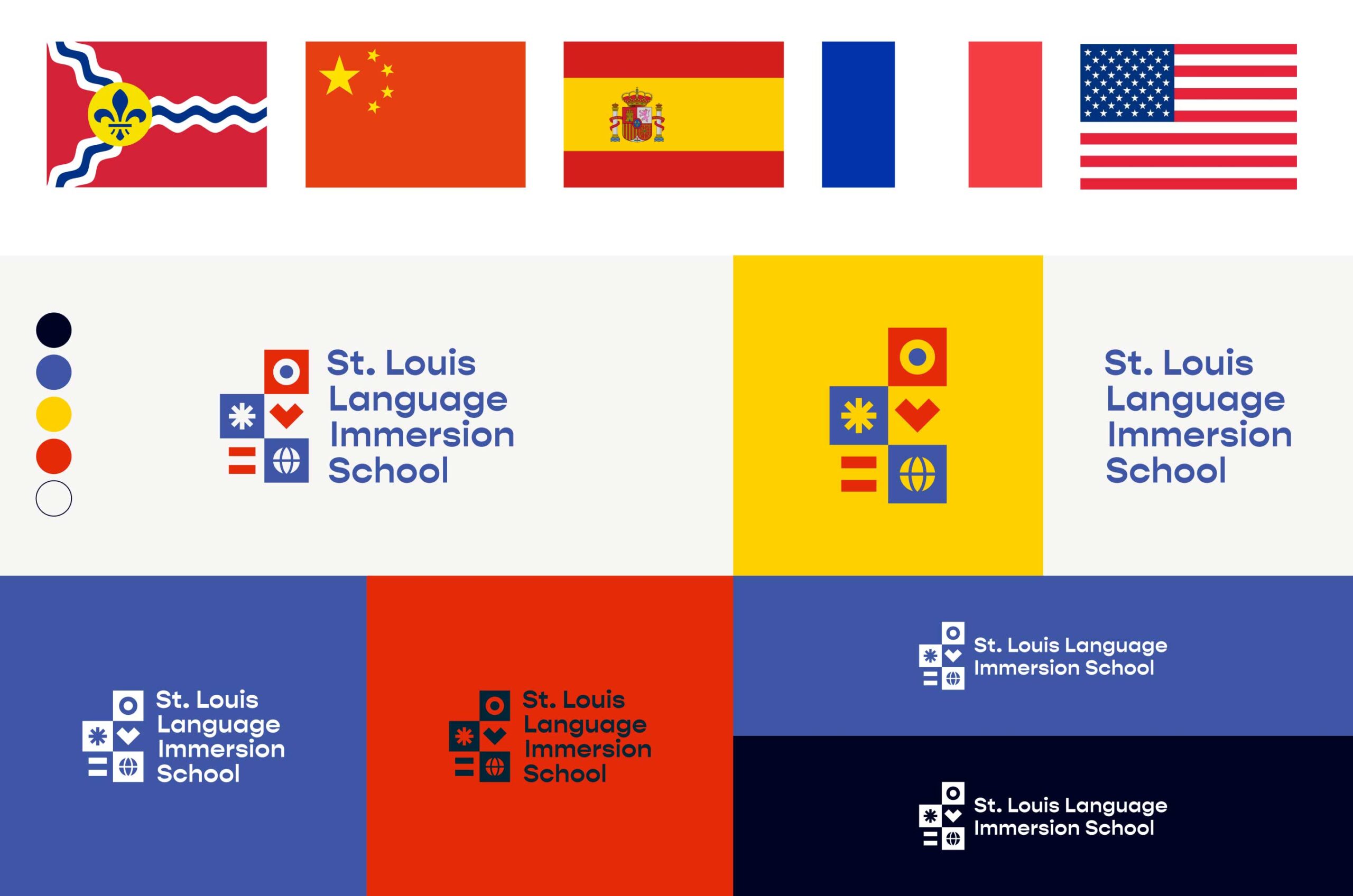 Multiple iterations of the St. Louis Language Immersion School branding, including visual inspiration from flags of multiple countries