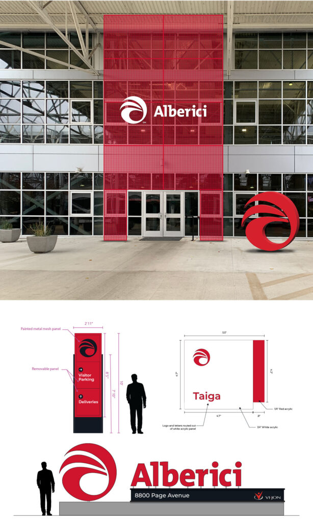 Alberici outdoor signage, including a banner and logo statue