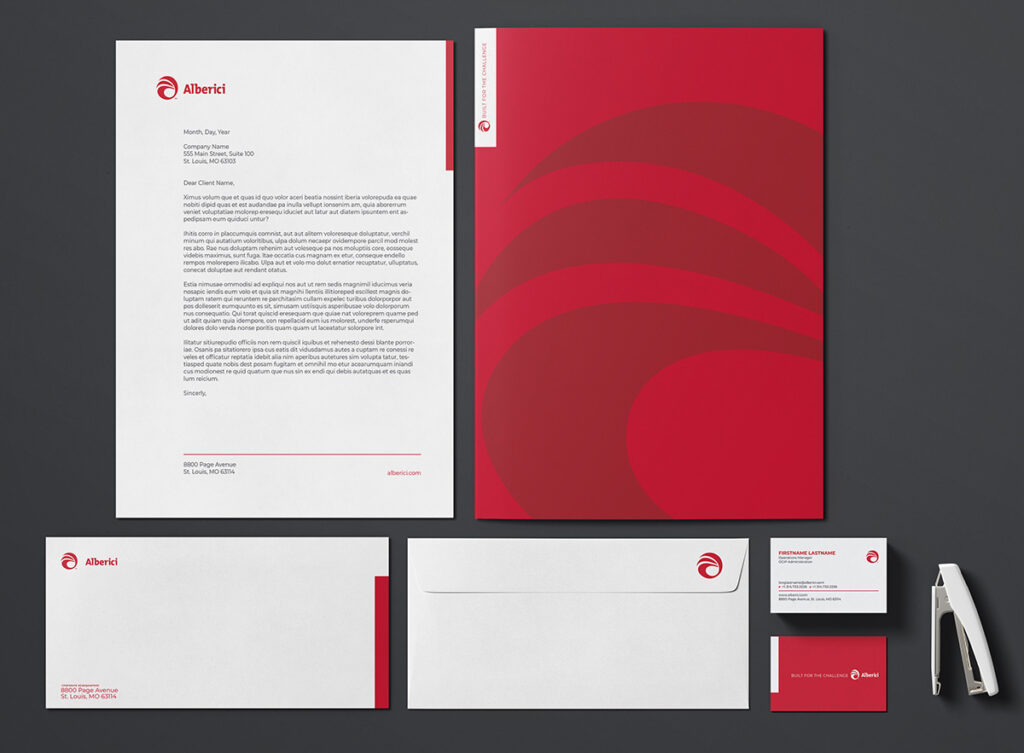 Alberici branded collateral, including letterheads, envelopes and business cards