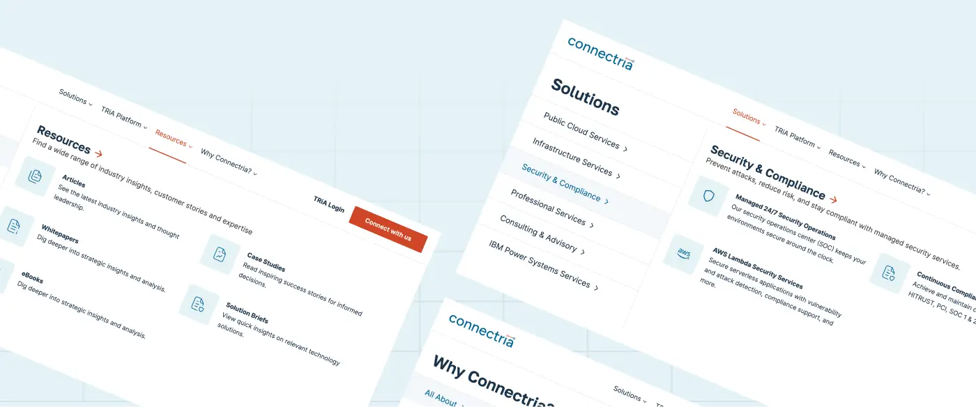 Images of Connectria's website navigation