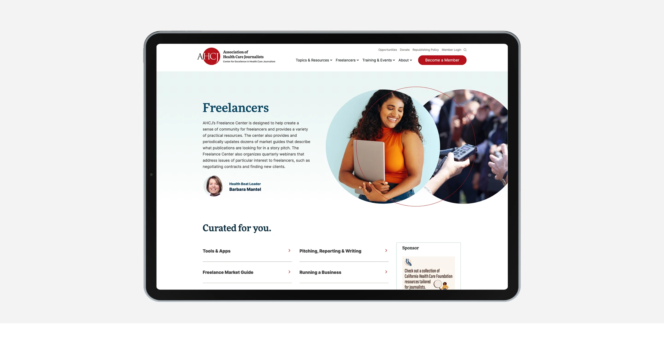 The AHCJ Freelancer landing page on tablet.