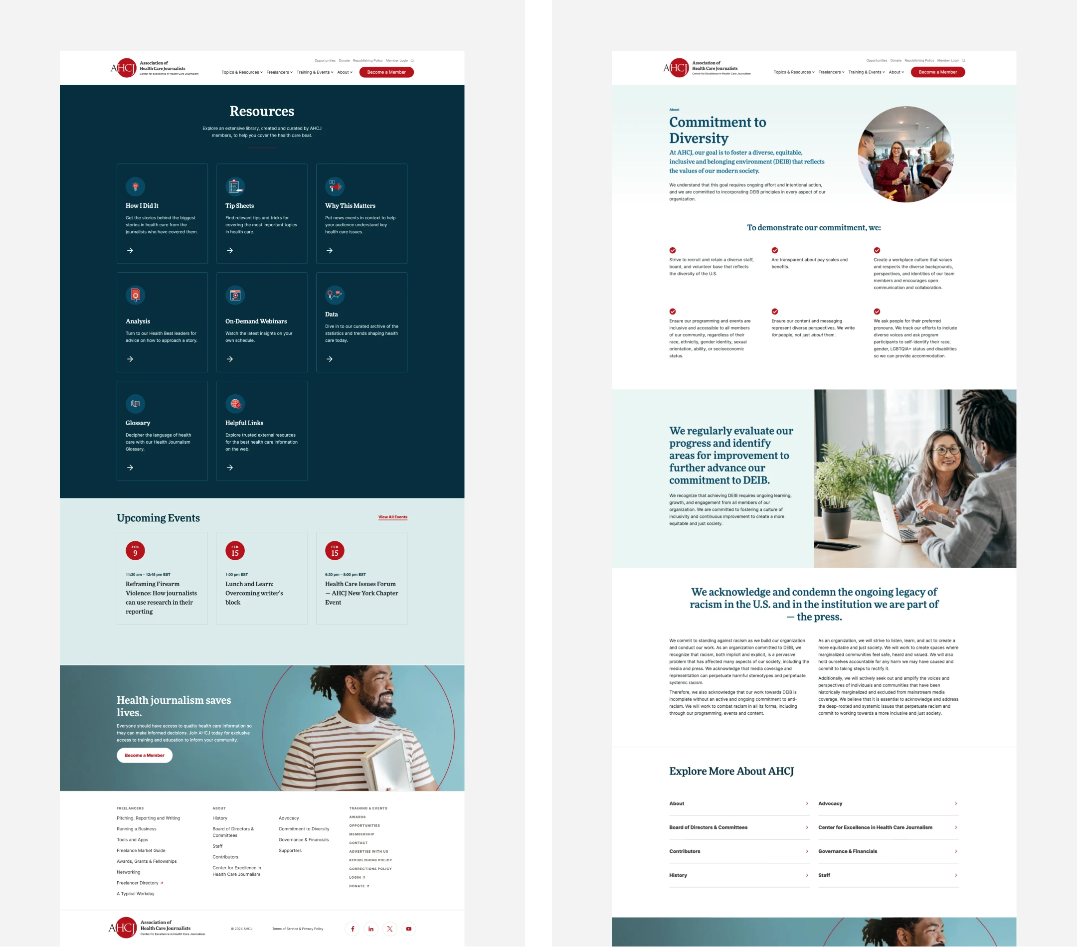 UX/UI layouts of the new Resources and Diversity sections of the AHCJ website.