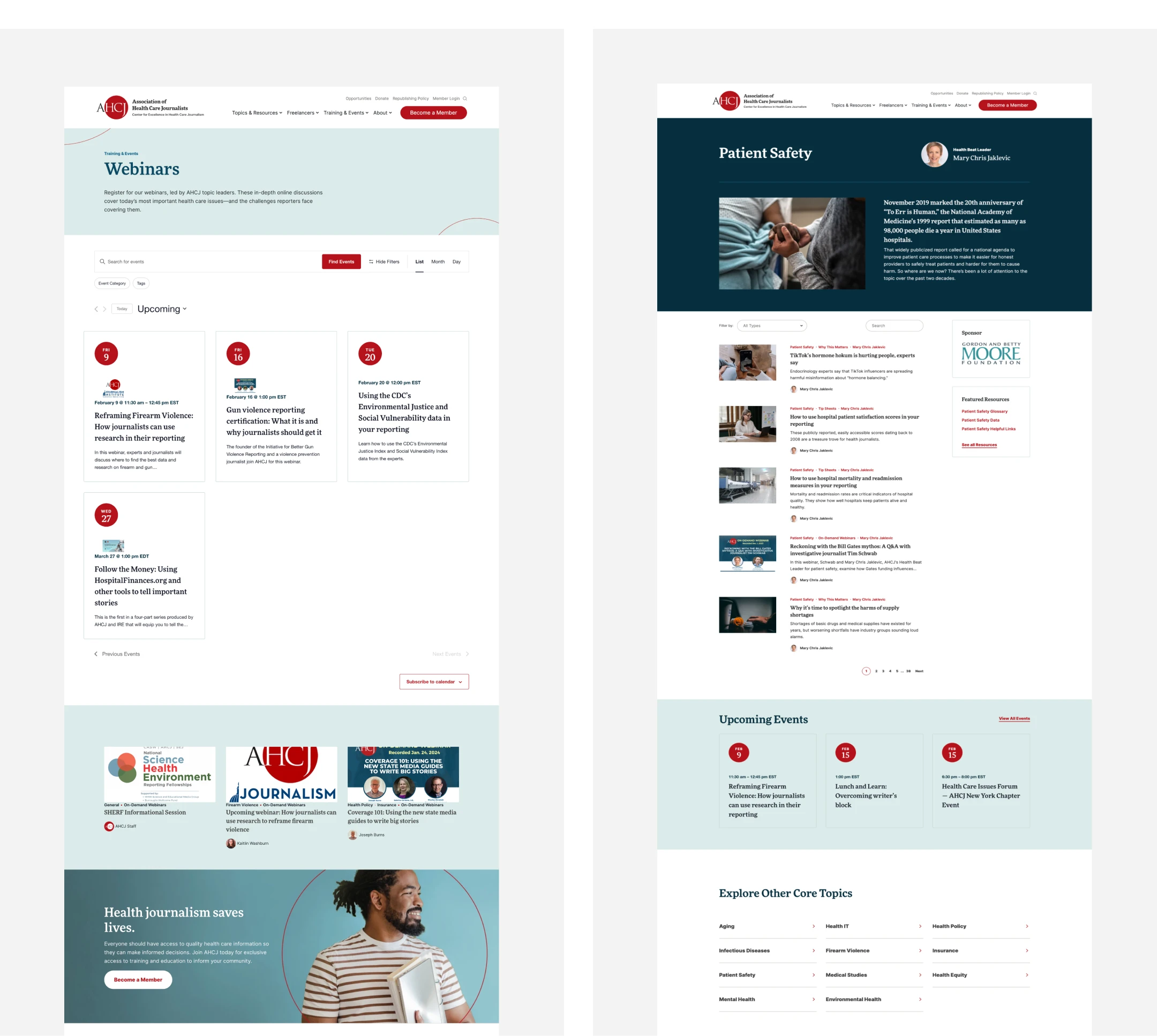 AHCJ UX/UI design for the webinars page and the patient safety page.