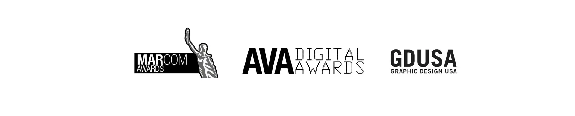 Logos for the MarCom Awards, AVA Digital Awards and Graphic Design USA awards