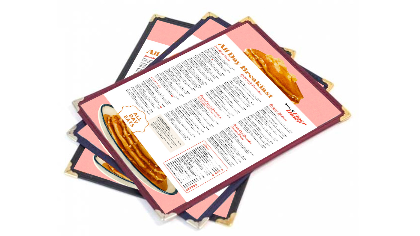 Menu designs with Billy G's Finer Diner branding