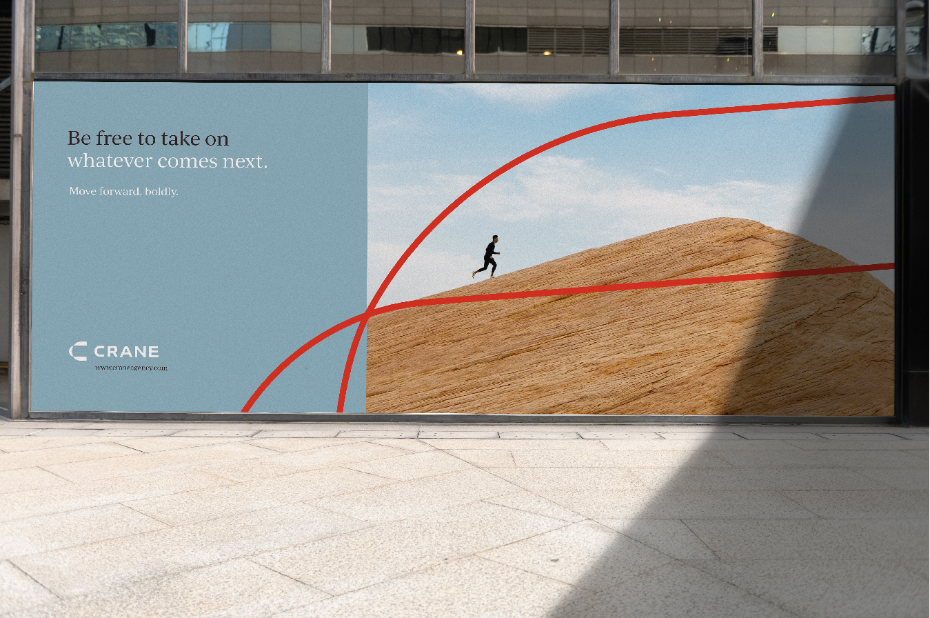 An ad for Crane Insurance that shows the new branding elements working together.