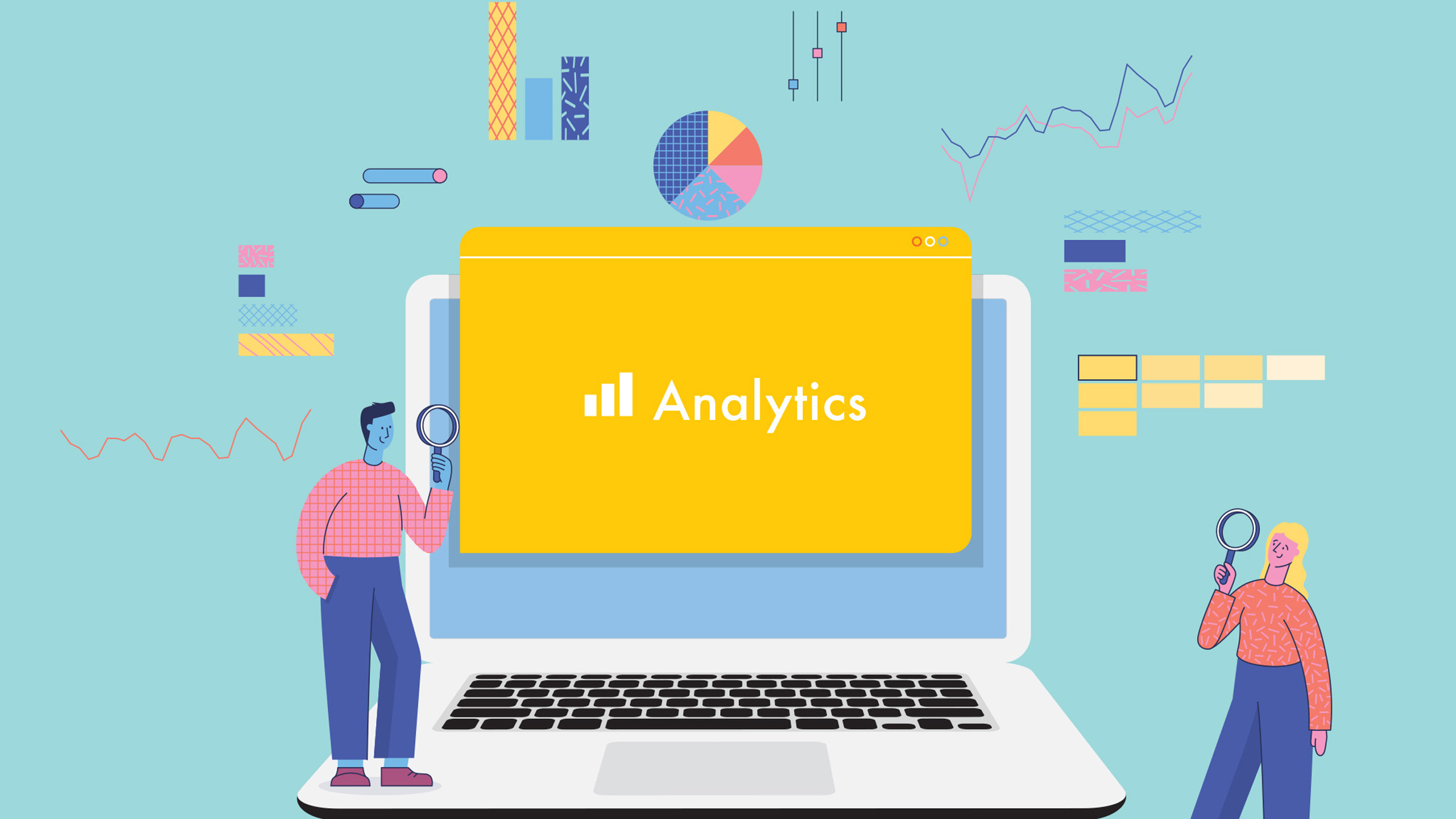 Illustration with two people looking at Google Analytics on a larger-than-life laptop