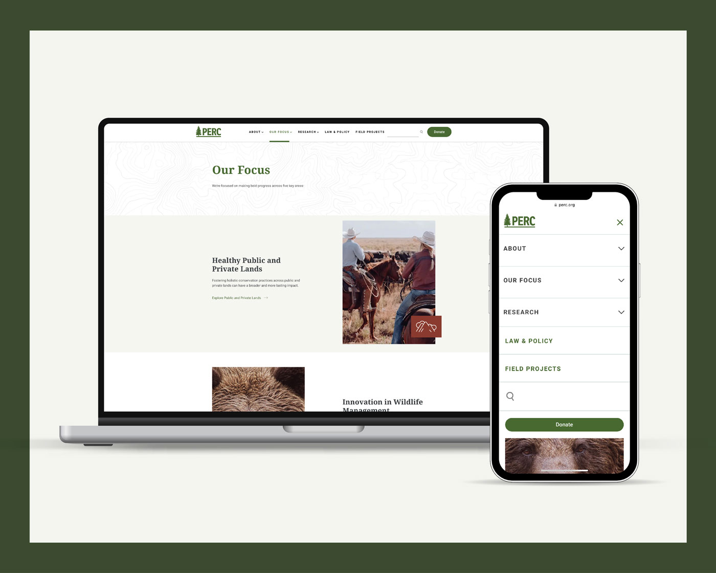 PERC website design main navigation on a laptop and mobile