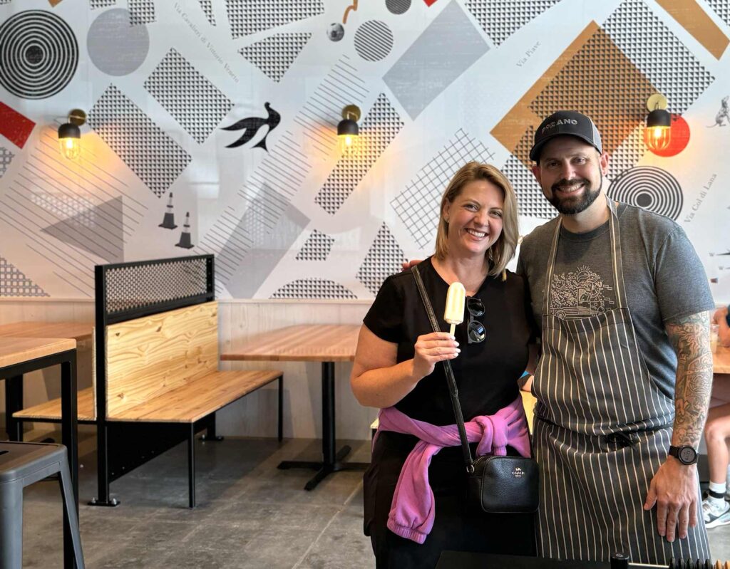 Erika Cruse, Atomicdust's Director of Brand Strategy, with Gerard Craft, owner of Porano Pasta and Niche Food Group