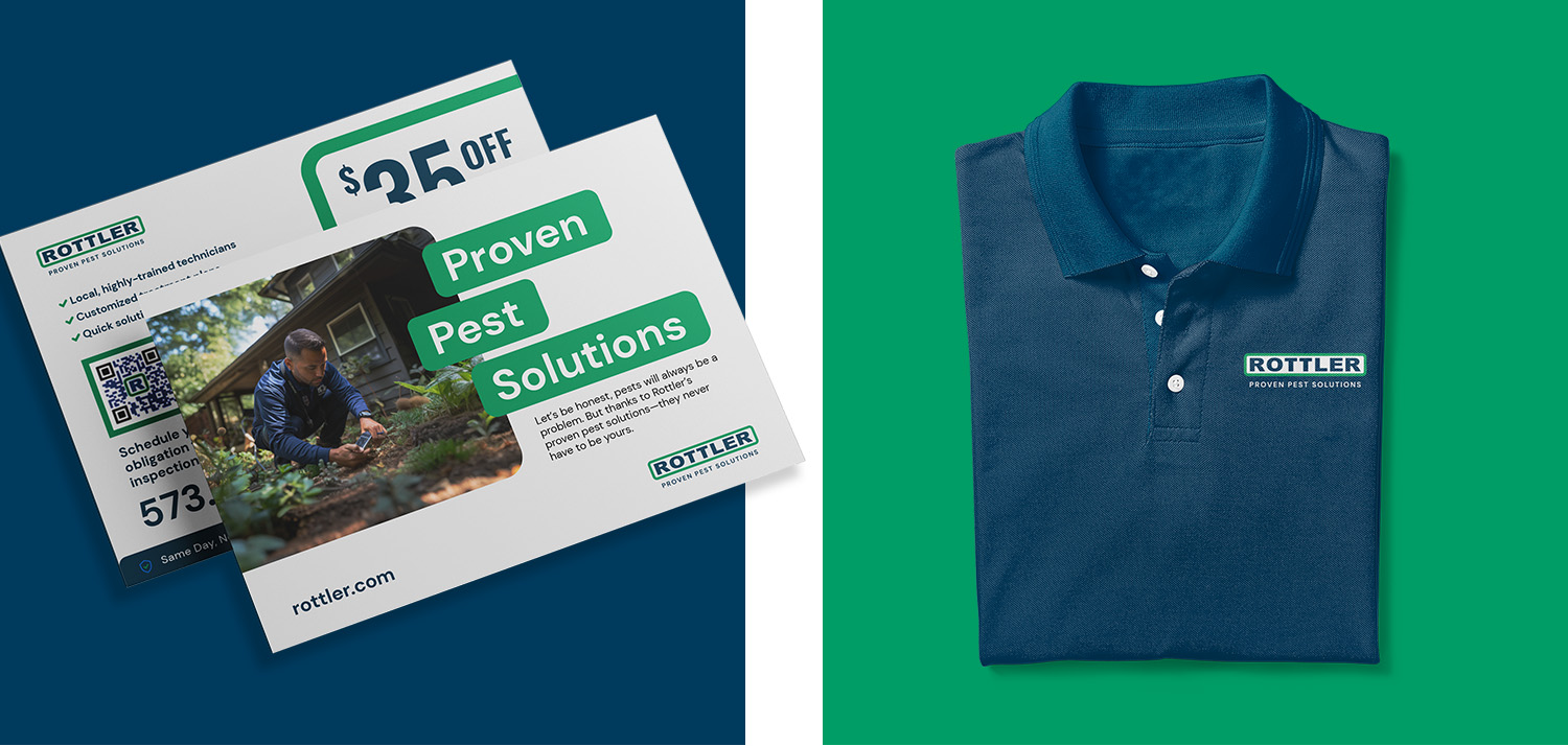 The refreshed Rottler pest control brand applied to a polo and direct mailer
