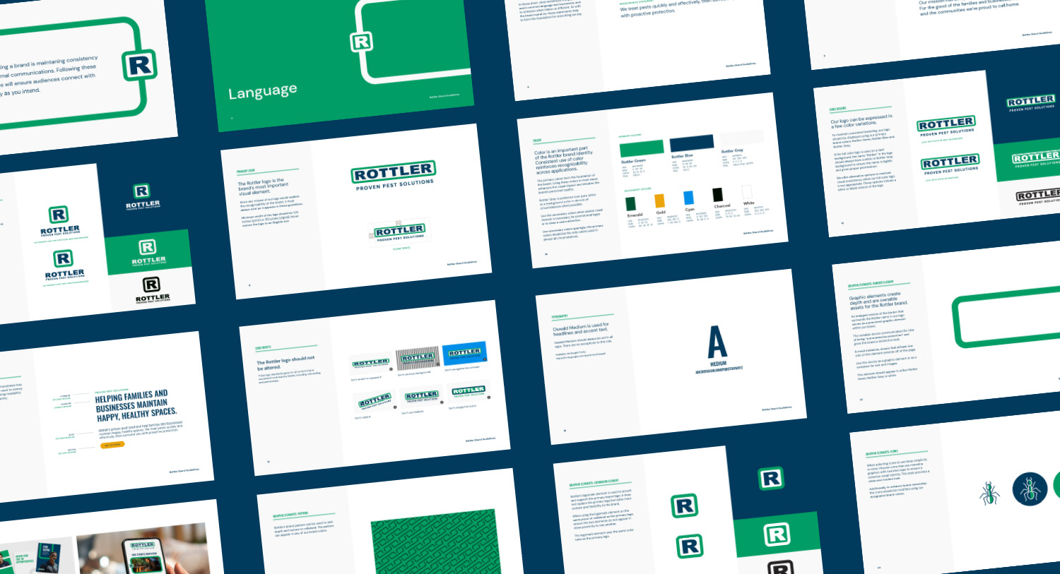 Pages from the new brand guide for Rottler, a pest control company