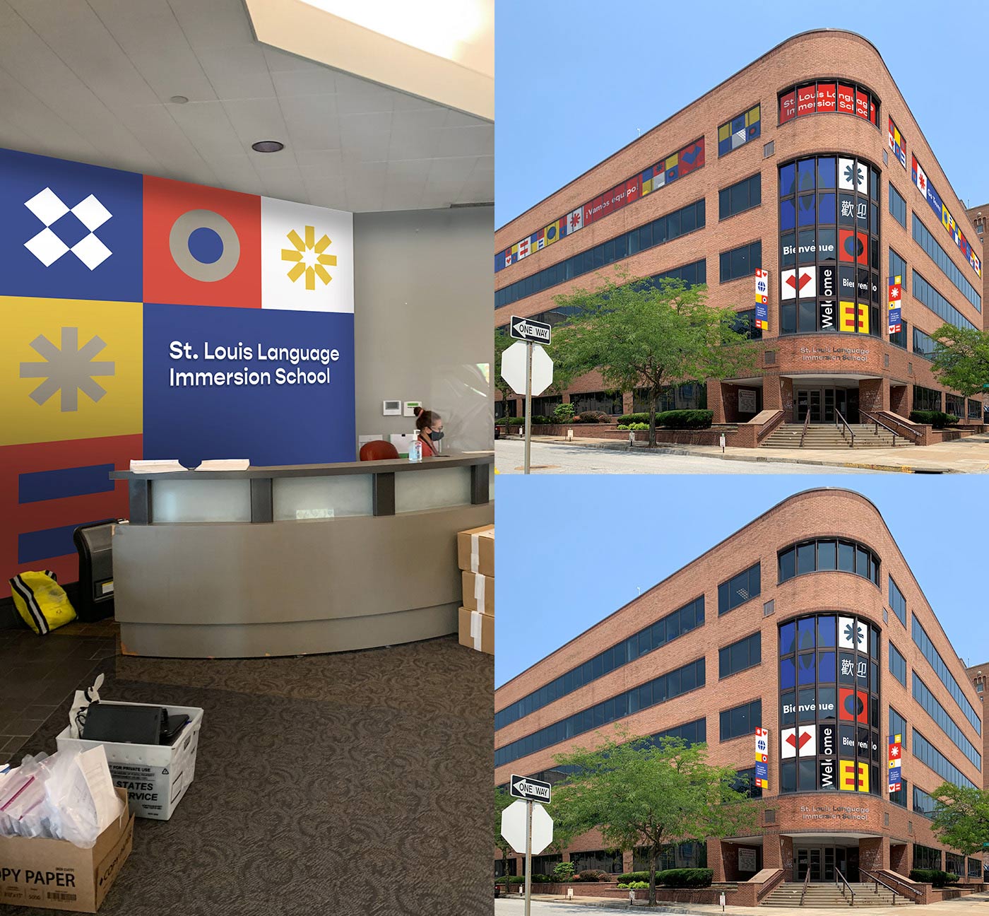 Mockups of St. Louis Language Immersion School's new branding on interior and exterior signage