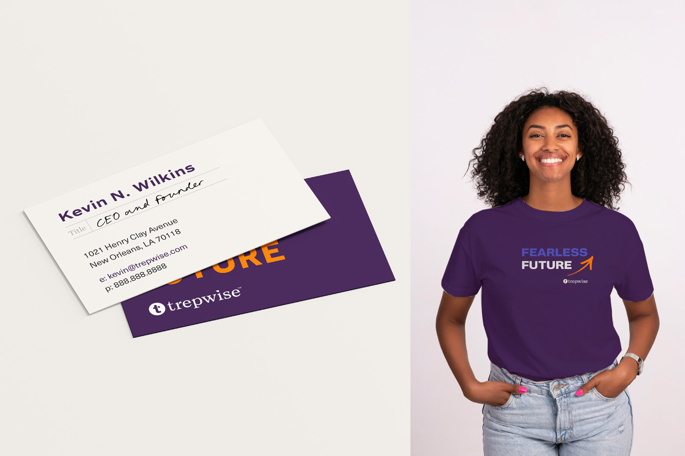 Trepwise business cards and t-shirts with the new brand identity