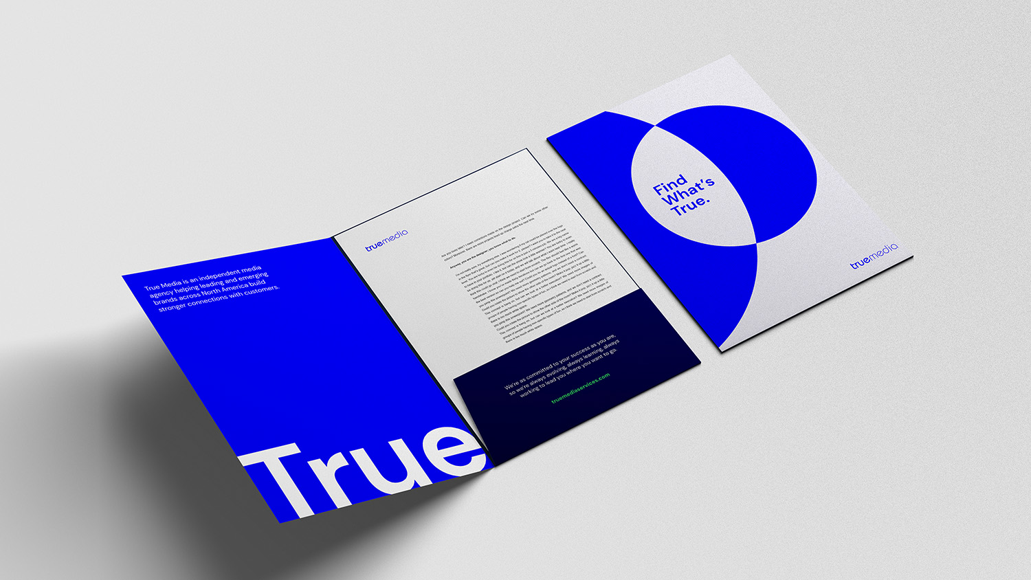 A sales folder showing True Media's brand graphics