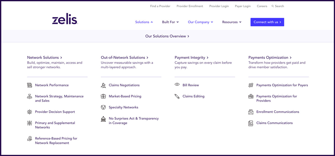 Zelis web design mega menu