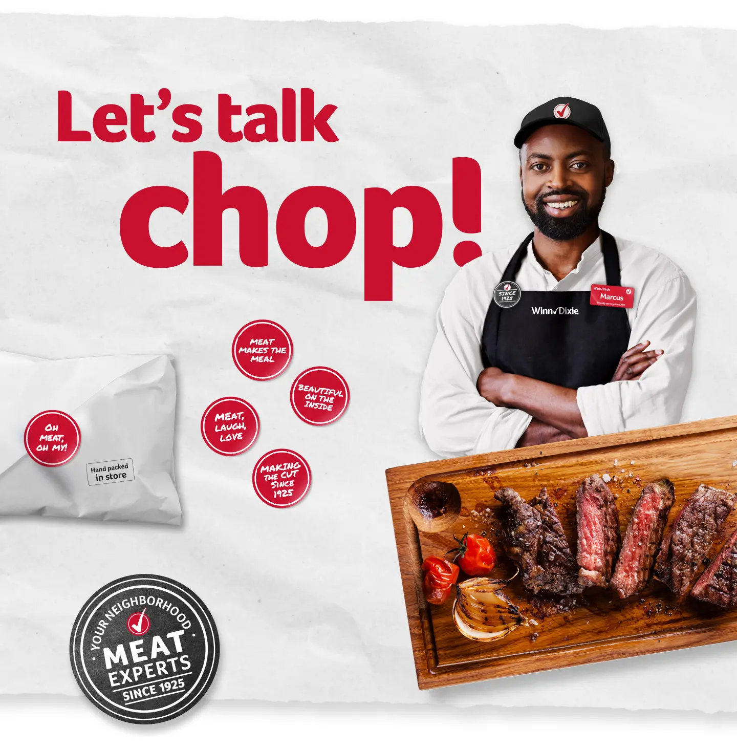 Creative for Winn-Dixie grocery store marketing promoting the company's meat department. Text says "Let's talk chop!" and shows a butcher and cooked steak