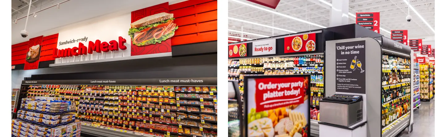 Environmental branding and signage, including deli meat and chilled wine signs