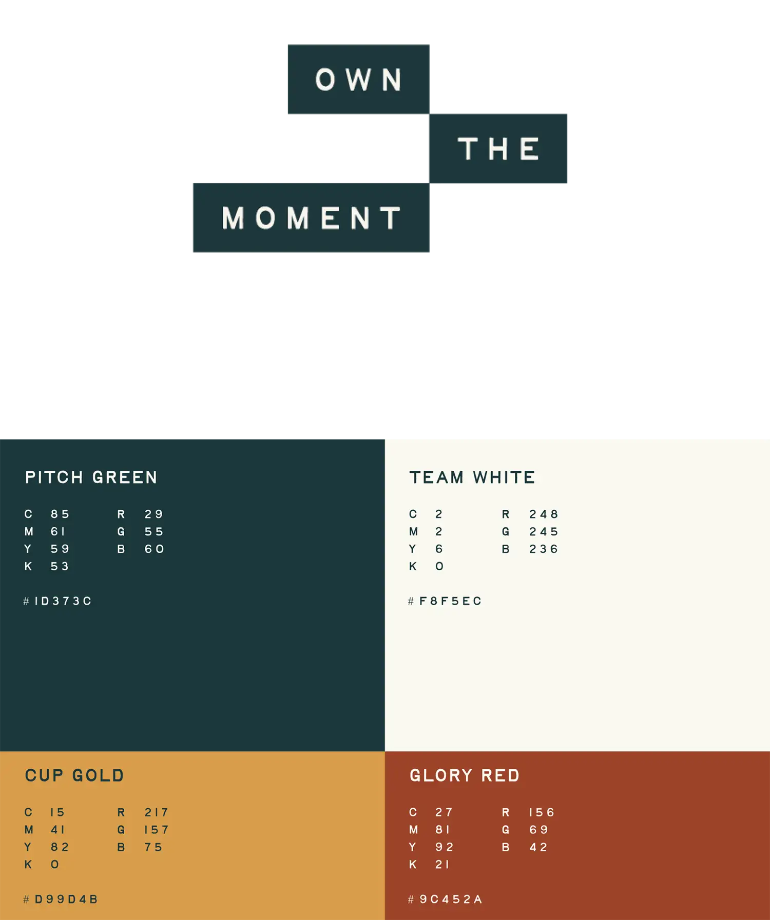 The Bladez brand color palette, including Pitch Green, Cup Gold, Team White and Glory Red, along with the tagline, Own the Moment