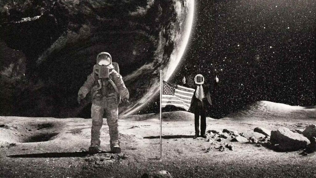 A grainy, black and white image showing an astronaut on the moon with an American flag and a Charles L. Crane Agency agent standing in the background with two thumbs up