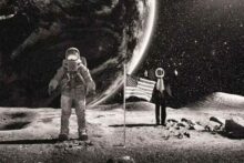 A grainy, black and white image showing an astronaut on the moon with an American flag and a Charles L. Crane Agency agent standing in the background with two thumbs up