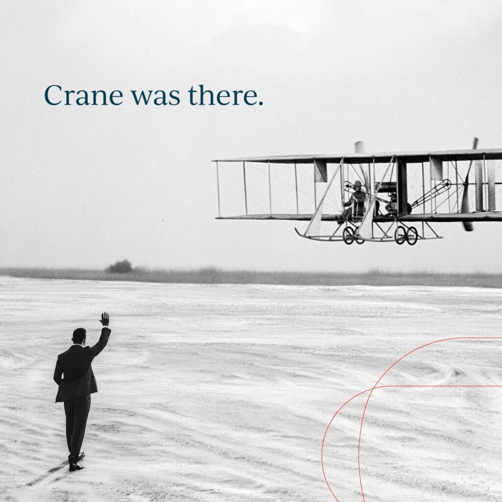 An ad showing a Crane agent waving to the Wright Brothers on their first flight