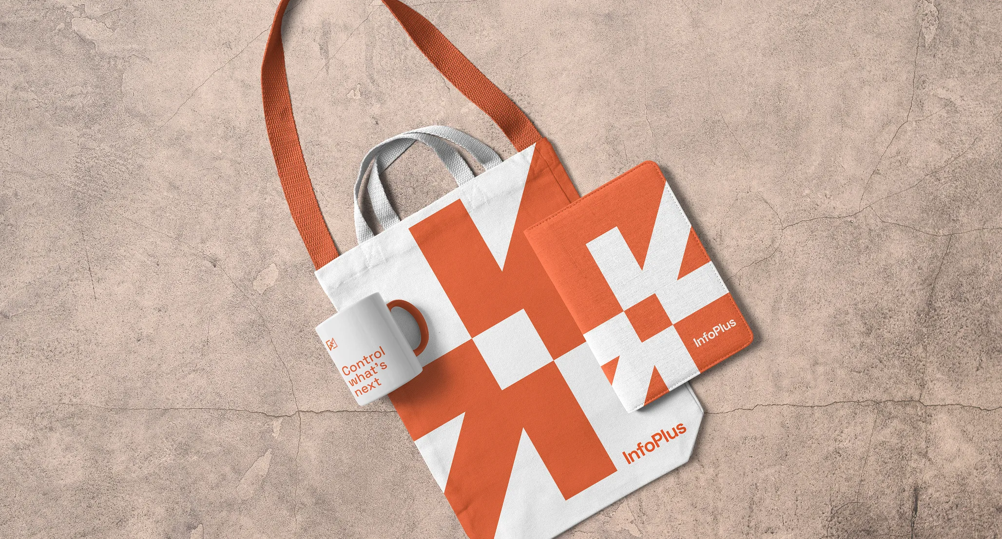 Coffee mug, notebook cover and tote bag with the new brand identity for InfoPlus, a warehouse management ecosystem