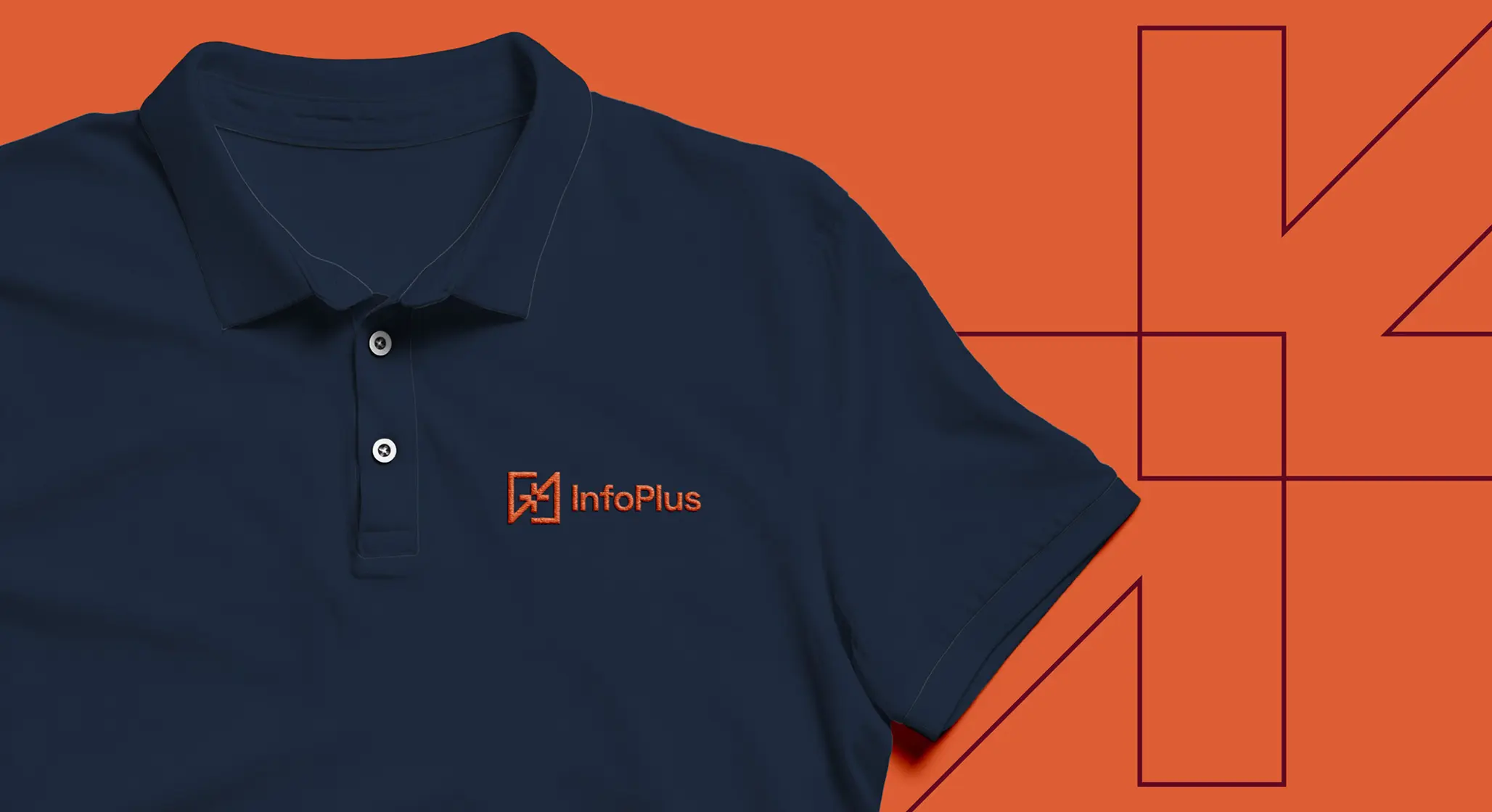 The new brand identity for InfoPlus applied to a polo shirt