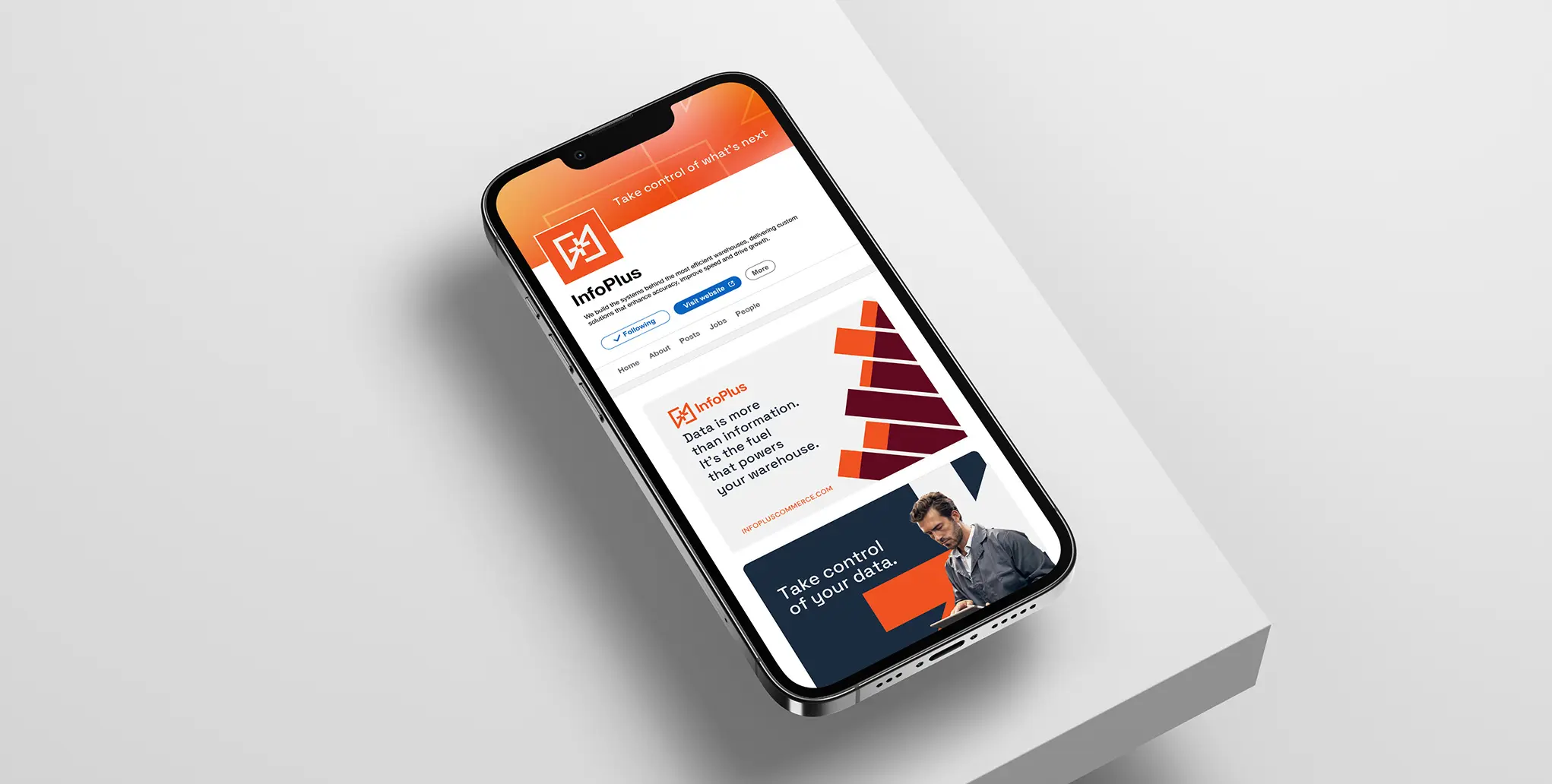 The brand identity applied to InfoPlus' Company page on LinkedIn, shown on a phone