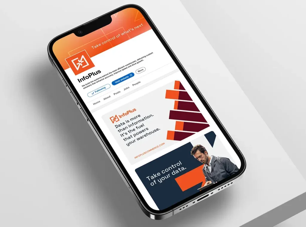 InfoPlus brand identity ads on a cell phone