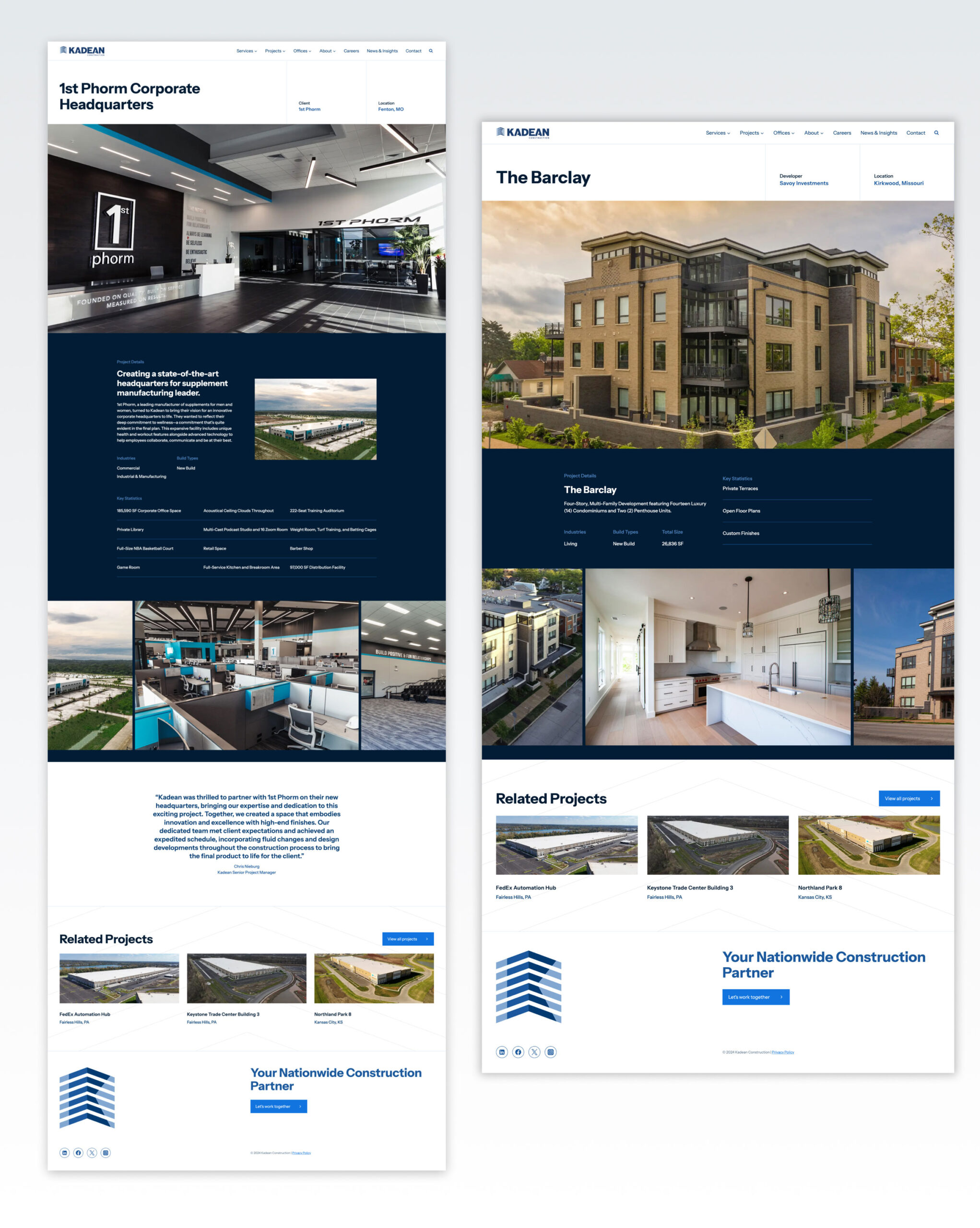 Project pages from the Kadean construction website portfolio