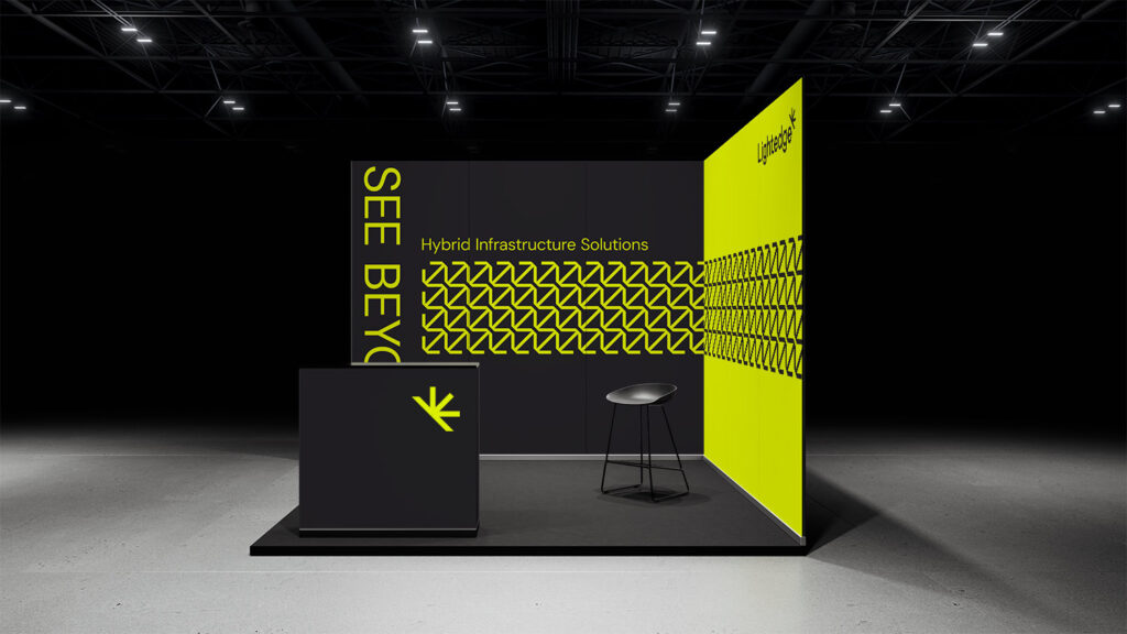 The new brand identity for tech infrastructure company Lightedge, shown in a trade show booth design mockup