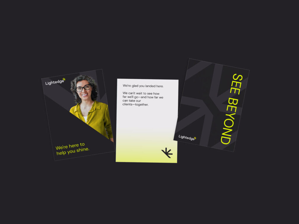 A welcome packet featuring the new brand for technology infrastructure company Lightedge after it merged with Connectria
