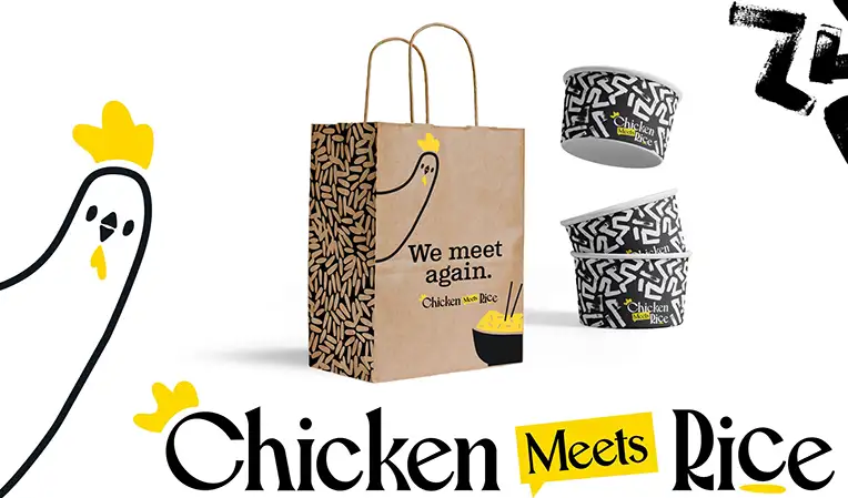 Colorful take-out boxes and drink cups for Chicken Meets Rice, branded by Atomicdust