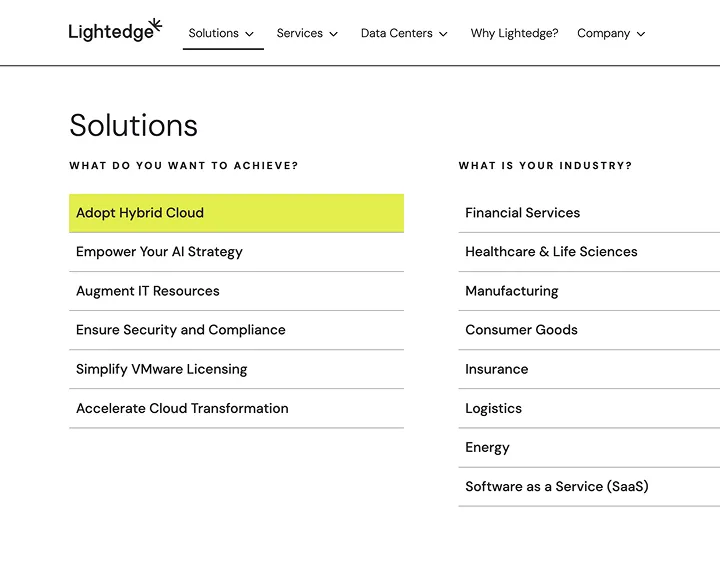 The mega menu on the Lightedge website design allows visitors to search by solution, industry, service line and more