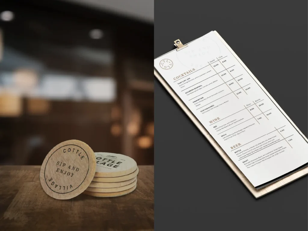 Cottle Village drink coins and menu