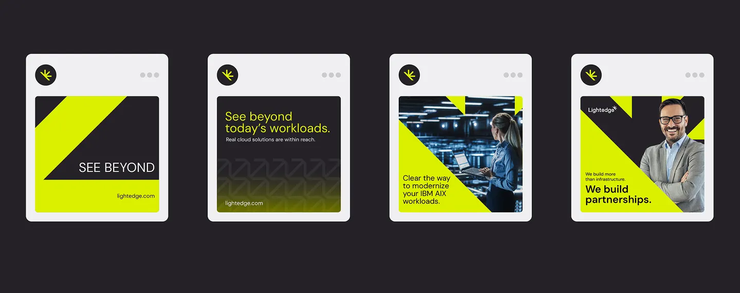 Social post designs with the brand identity for tech infrastructure company Lightedge