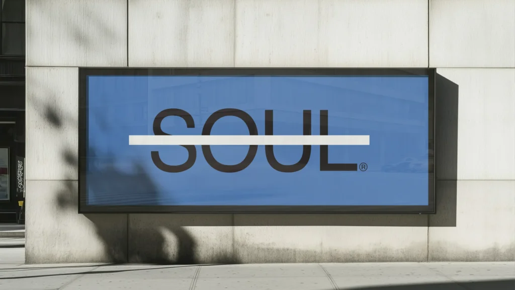 A billboard with one large, all-cap word, "SOUL," crossed out