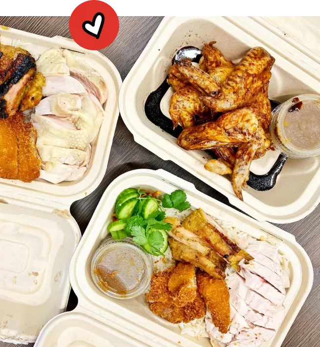 Restaurant branding case study for Chicken Meets Rice featuring takeout containers with Hainan chicken, fried chicken, wings, fresh herbs, and sauces, highlighting flavorful fast-casual food presentation.