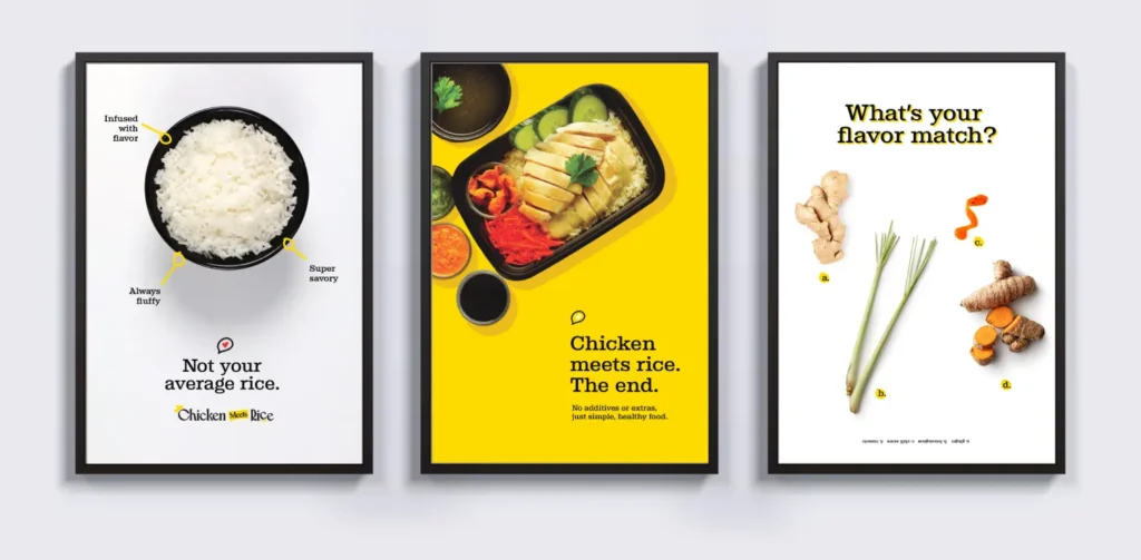 Restaurant branding case study for Chicken Meets Rice featuring in-store signage designs with playful food photography, bold typography, and messaging that highlights flavor, simplicity, and fresh ingredients.