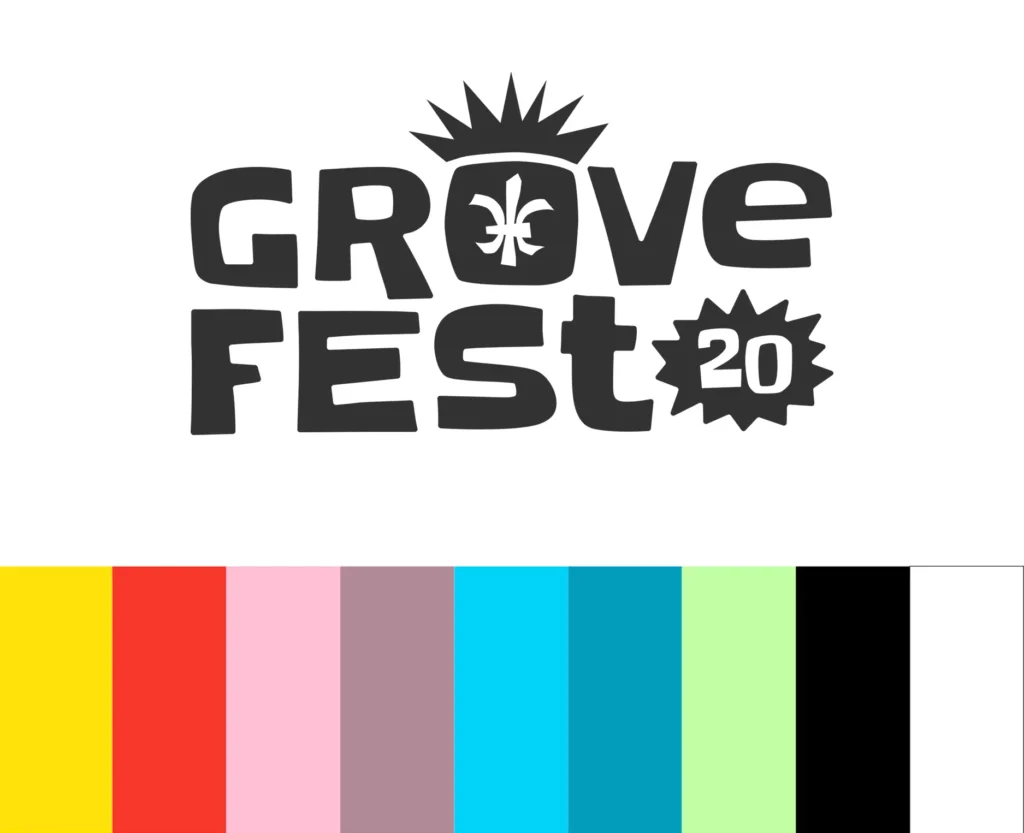 The logo and color palette developed as part of the 20th anniversary Grove Fest brand identity