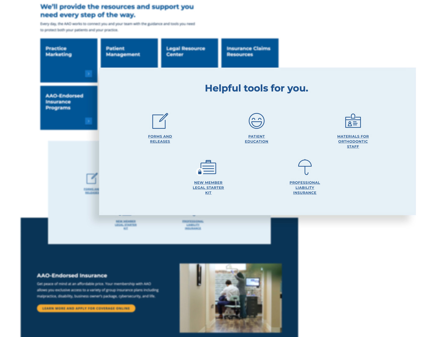 Helpful tools call to action and links on the AAO website redesign
