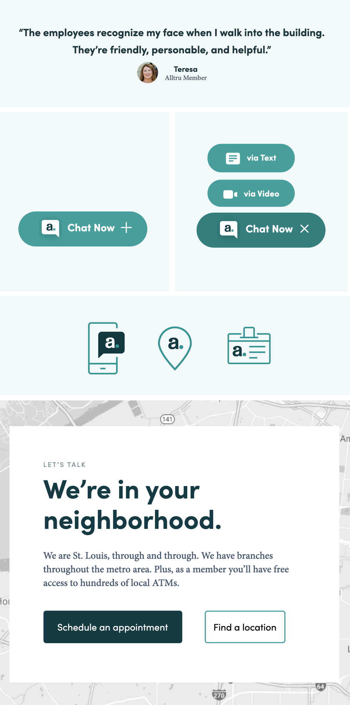 Icons, member testimonial and chat now calls to action from the Alltru Credit Union website design