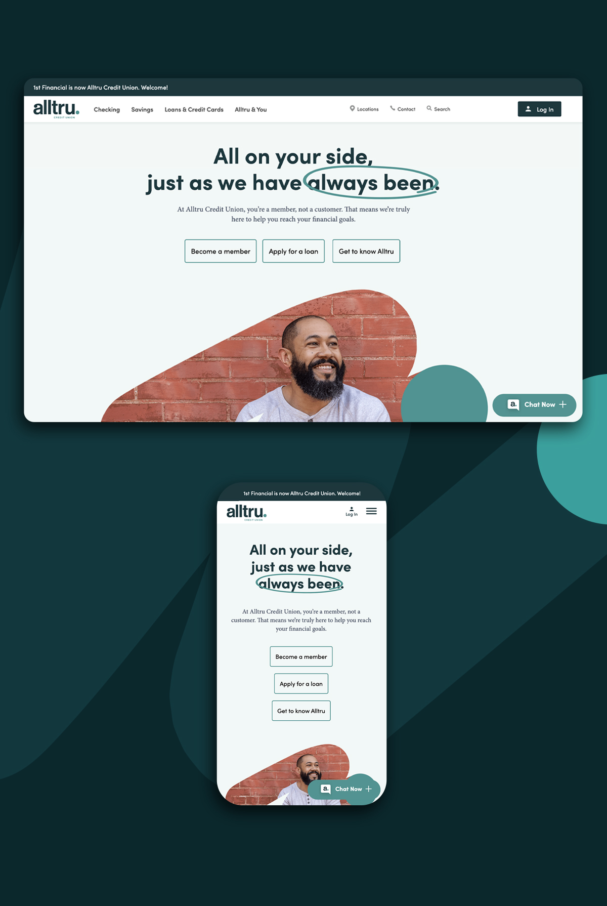 Desktop and mobile version of the Alltru Credit Union web design homepage