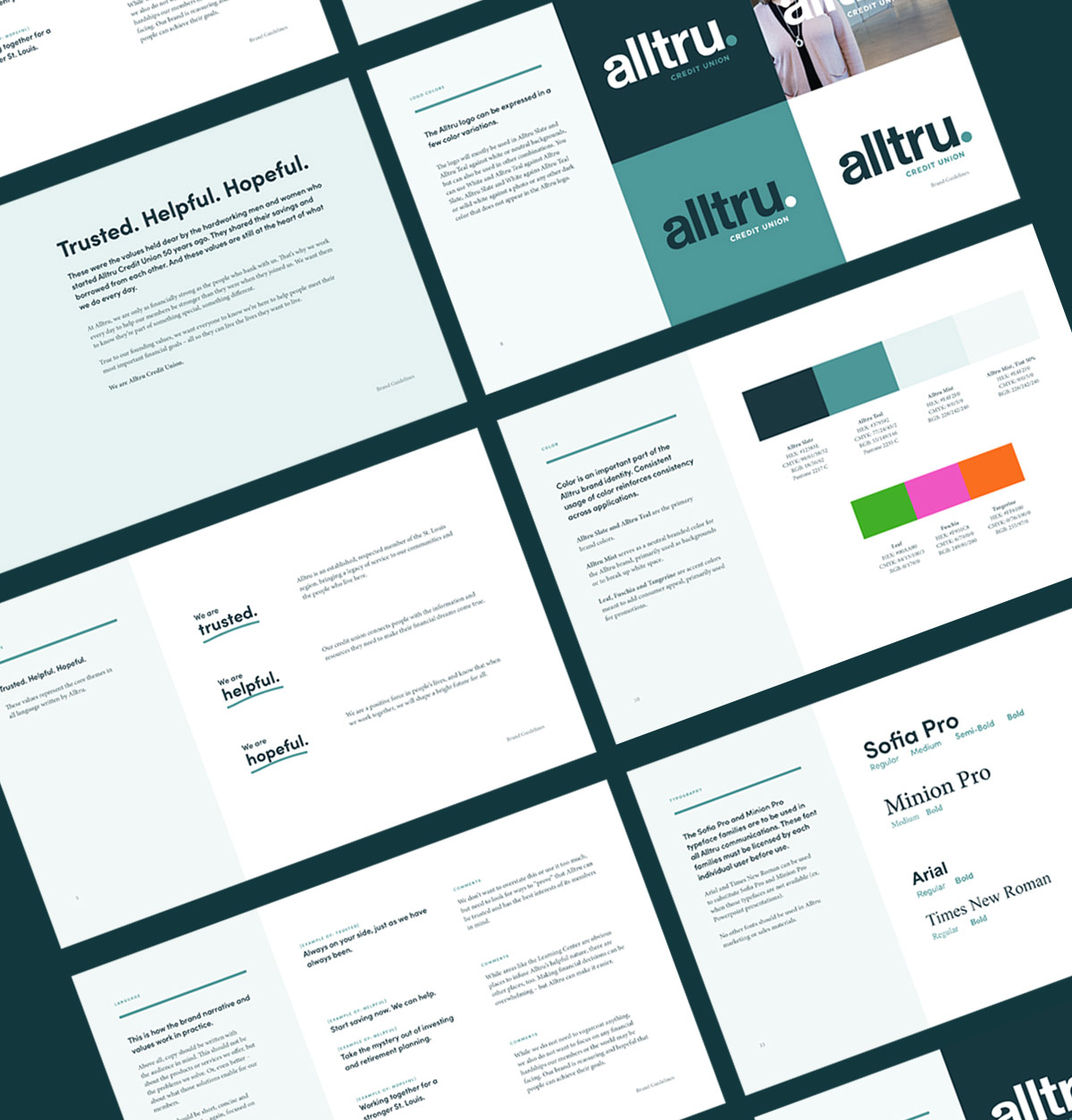 Pages from the Alltru Credit Union brand standards document