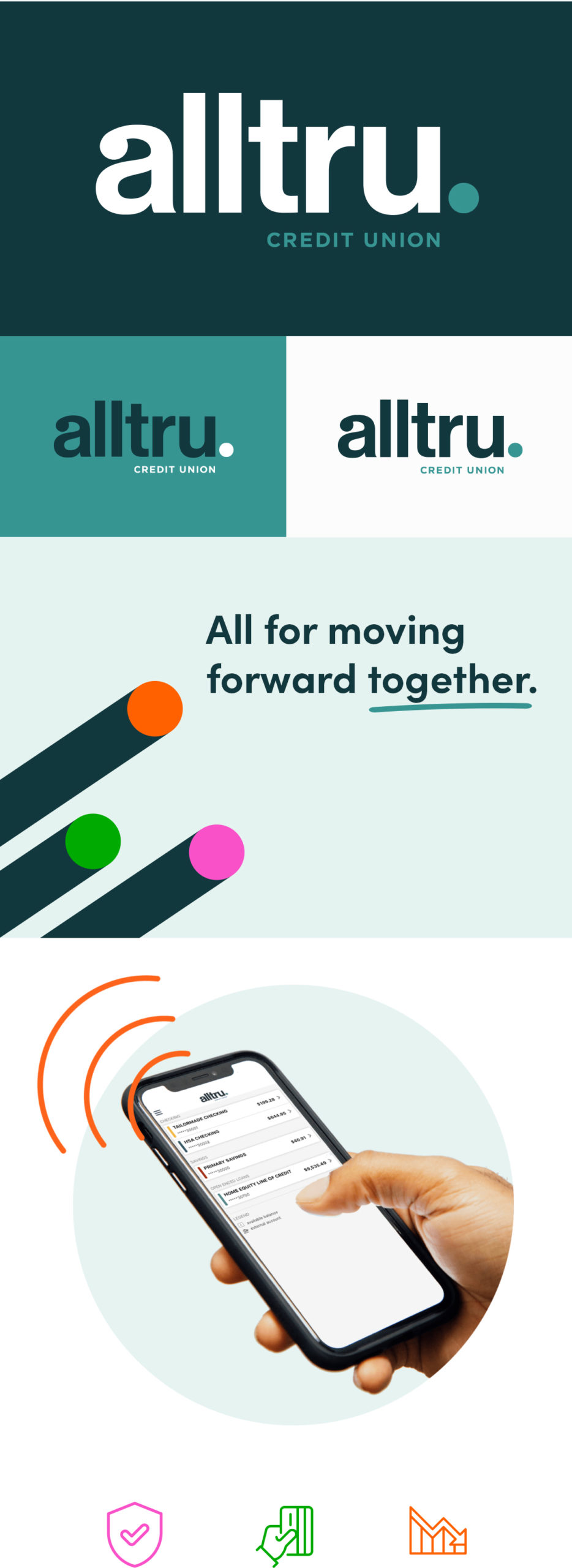 Alltru Credit Union brand identity elements, including logo, colors and icons