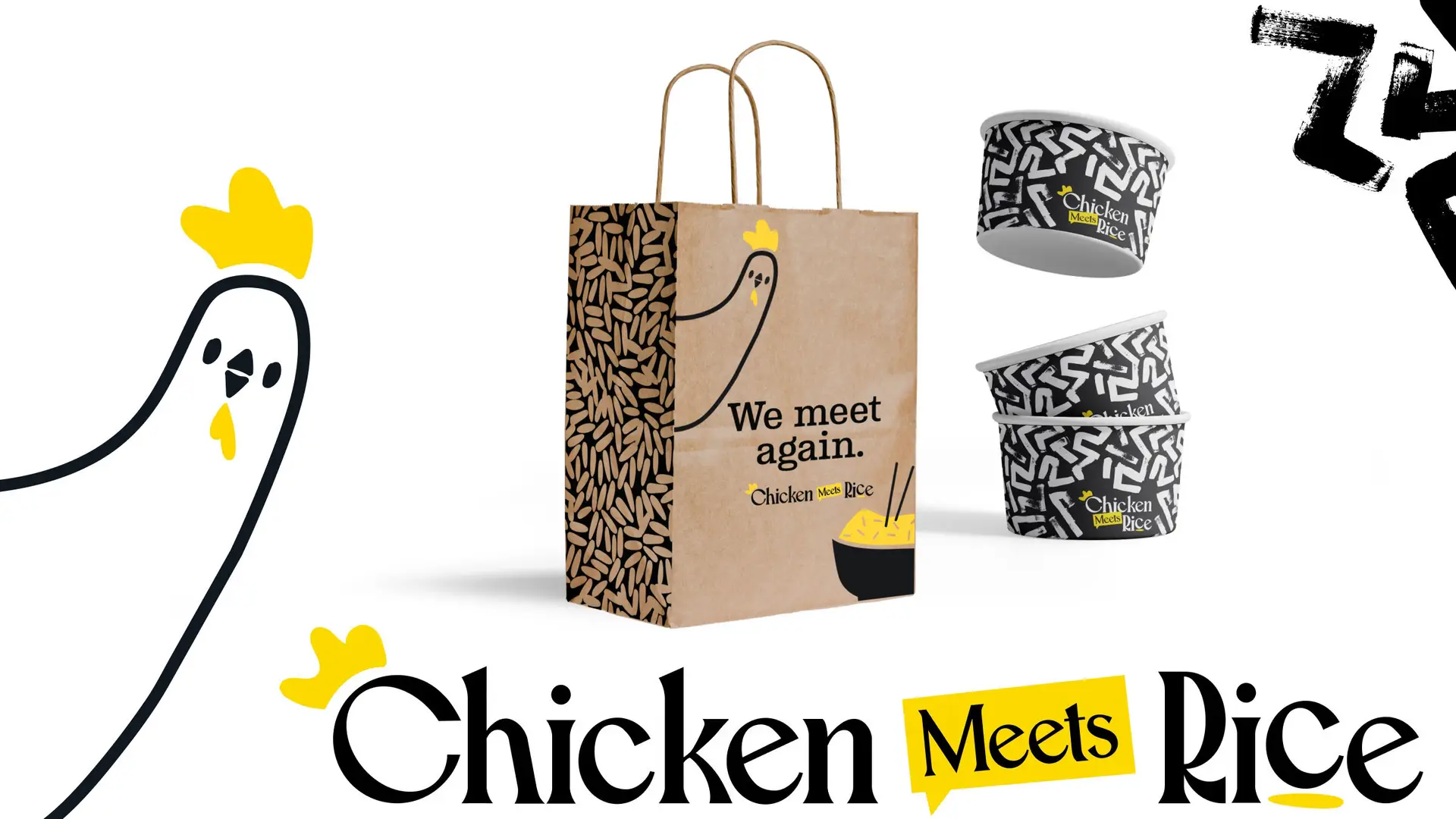 Chicken Meets Rice branding on takeout containers