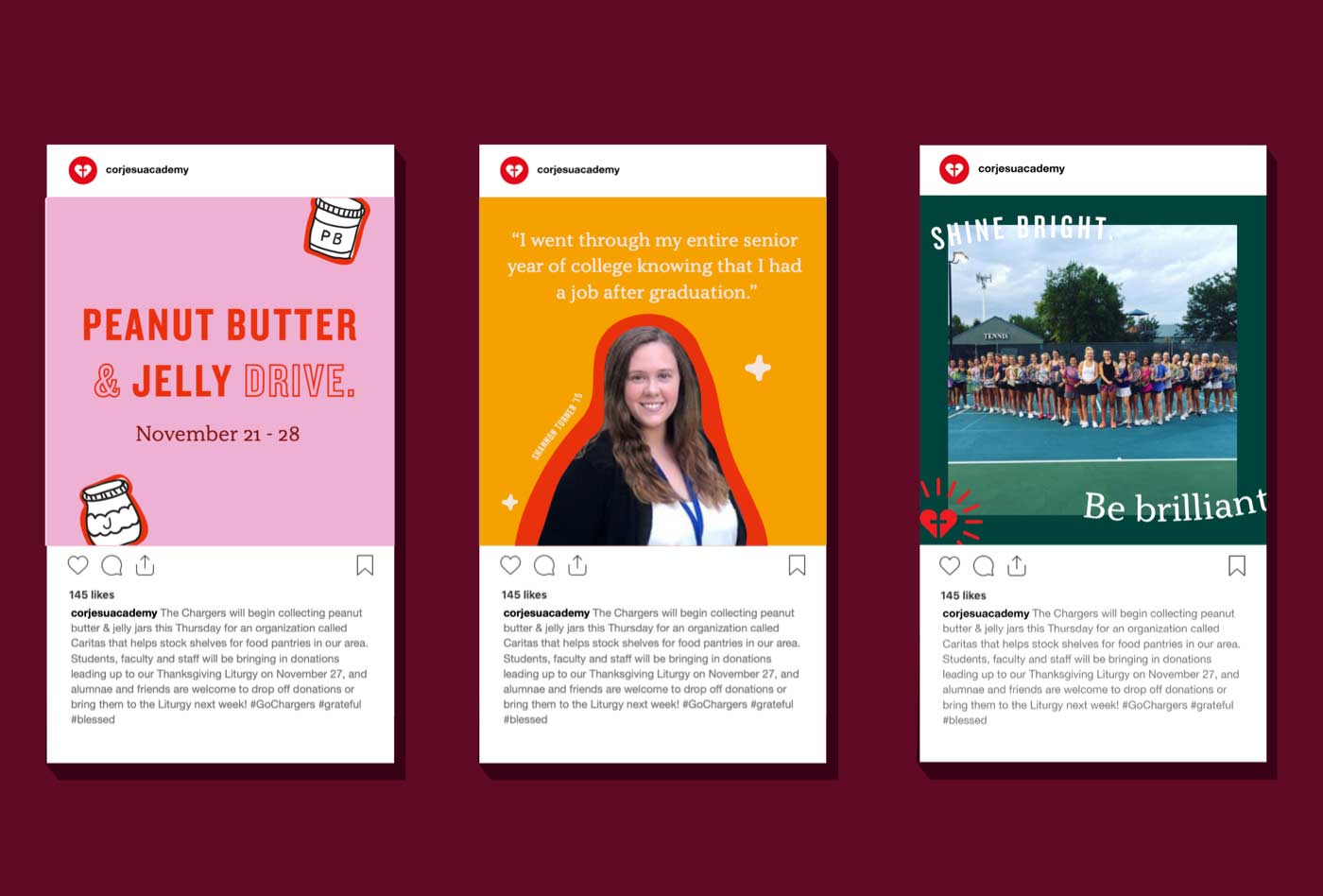 Example social media posts with Cor Jesu's new brand identity