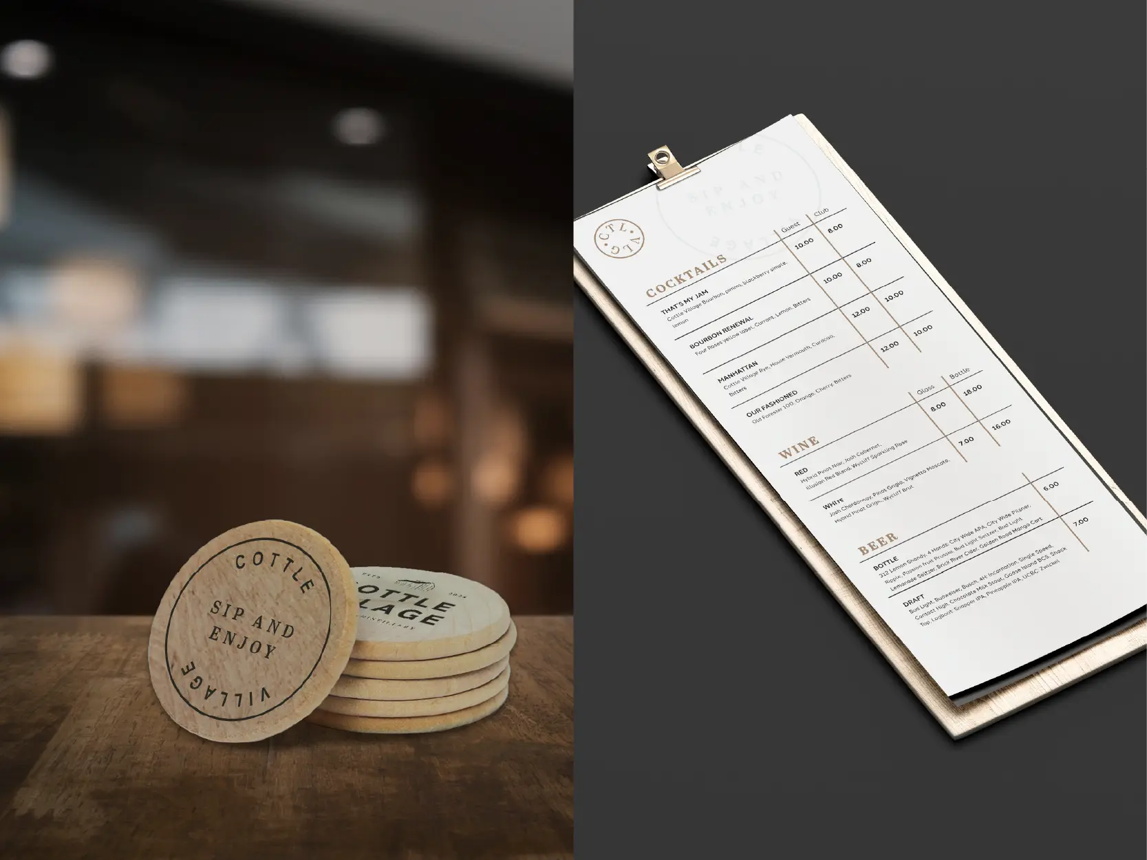 Wooden tasting-room coins and menu