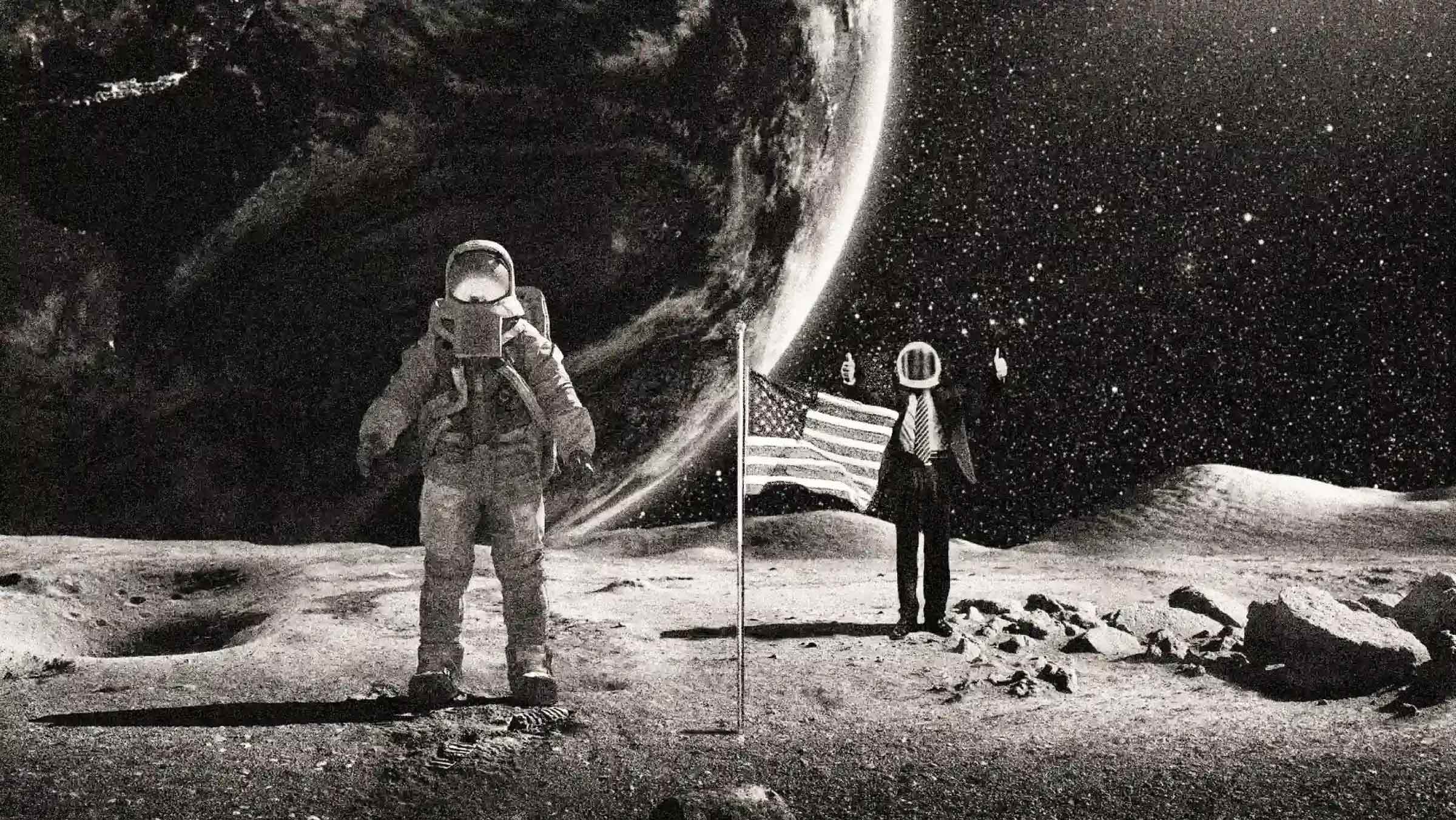 A grainy, black and white image showing an astronaut on the moon with an American flag and a Charles L. Crane Agency agent standing in the background with two thumbs up