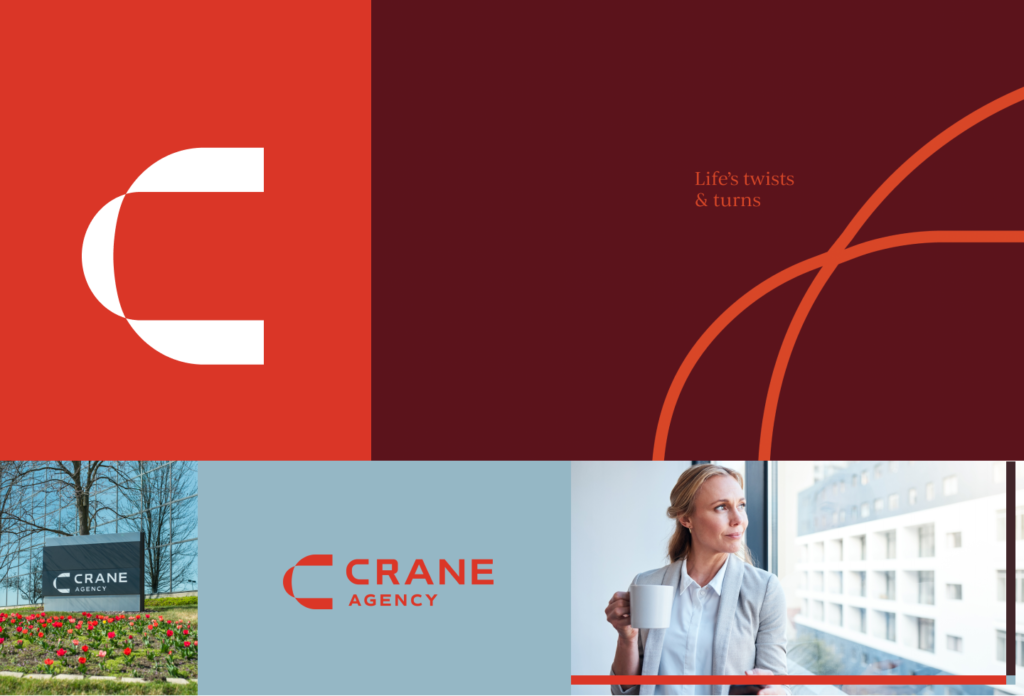 Elements of Crane Agency's insurance firm brand identity, including logo and logo mark, color palette and graphic devices.